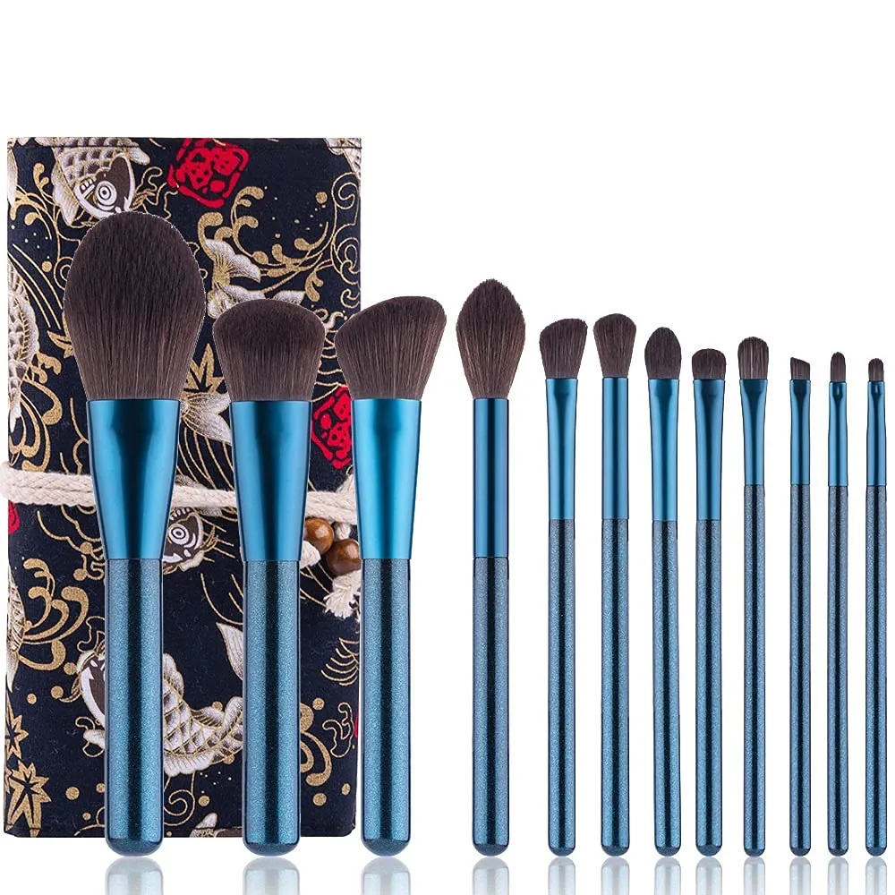 12PCS Blue Makeup Brush Small Portuguese Artificial Gray Mouse Silk Star Blue Beauty Makeup Brush, Foundation Blush Contour Eye Shadow Brush Set (Color : Gold)