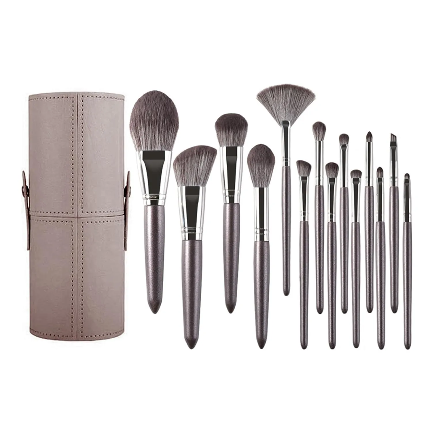14Pcs Makeup Brush Set – Soft Synthetic Bristles, Tapered Handles, Makeup Brushes & Travel-Friendly Storage Bucket for Face, Eye, and Lip Makeup (14 purple grey wooden handle brush   bucket)