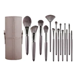14Pcs Makeup Brush Set – Soft Synthetic Bristles, Tapered Handles, Makeup Brushes & Travel-Friendly Storage Bucket for Face, Eye, and Lip Makeup (14 purple grey wooden handle brush   bucket)