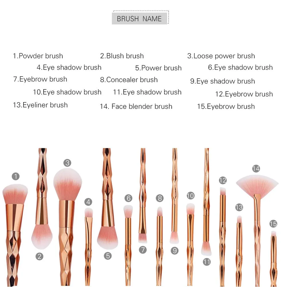 15pcs Makeup Brushes Set,Diamond Handle Cosmetic Brushes Kit For Powder Liquid Foundation Blush Eye Shadow (rose gold)