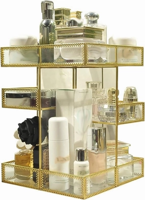 360 Degree Rotation Antique Countertop Cosmetic Storage Box Makeup Organizer, Mirror Glass Beauty Display,Gold Spin Large Capacity Holder for Brushes Lipsticks Skincare Toner