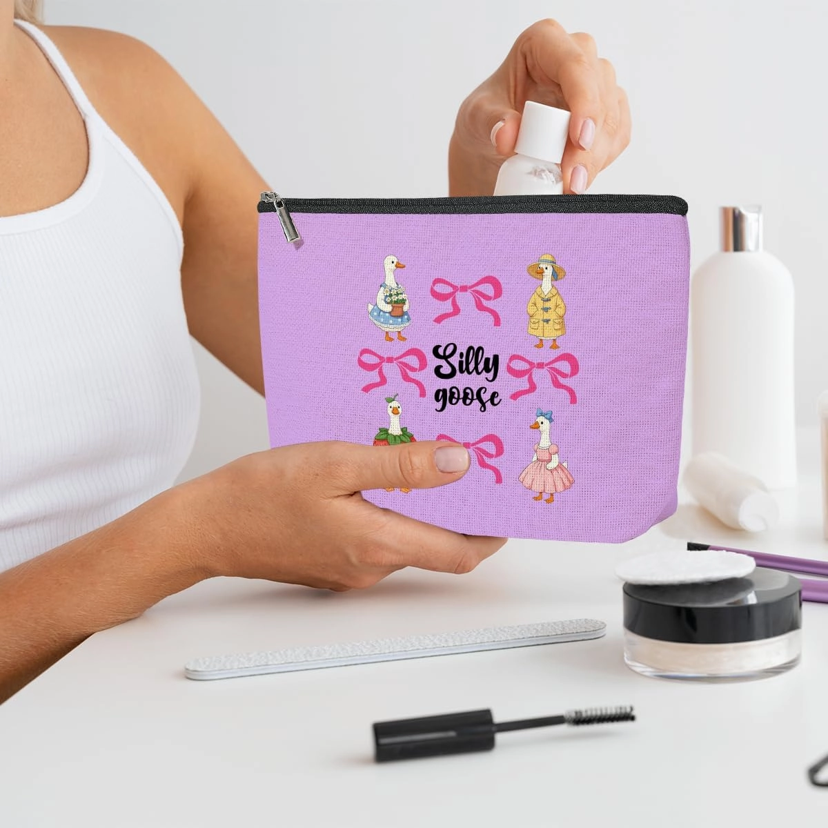 5 Pack Cute Funny Bow Animal Goose Lover Goose Gifts Makeup Bag, Travel Essentials Cosmetic Bags for Women, Leader Mom Coworker Friend Toiletry Bag Girls Trip Birthday Christmas Bachelorette Party