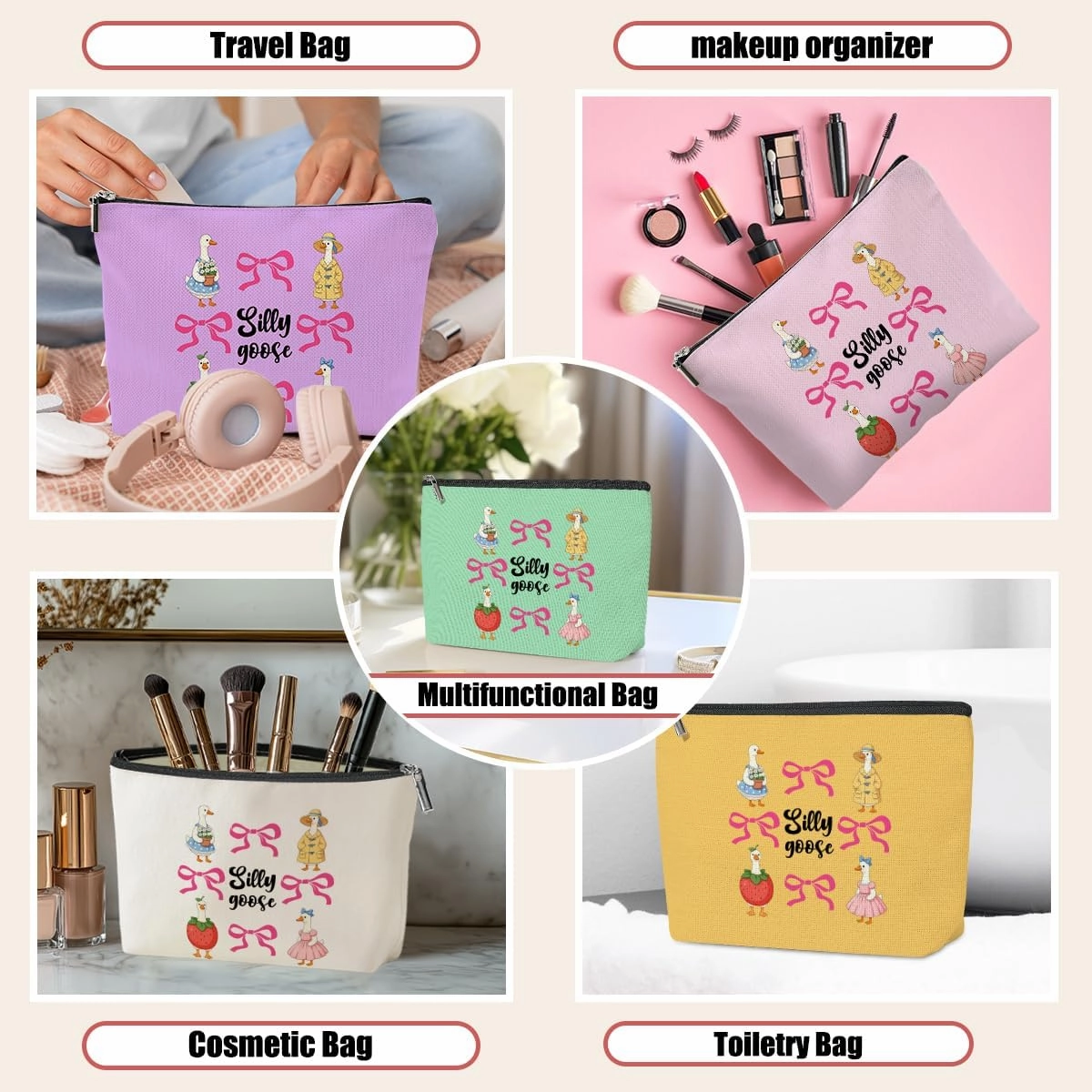 5 Pack Cute Funny Bow Animal Goose Lover Goose Gifts Makeup Bag, Travel Essentials Cosmetic Bags for Women, Leader Mom Coworker Friend Toiletry Bag Girls Trip Birthday Christmas Bachelorette Party