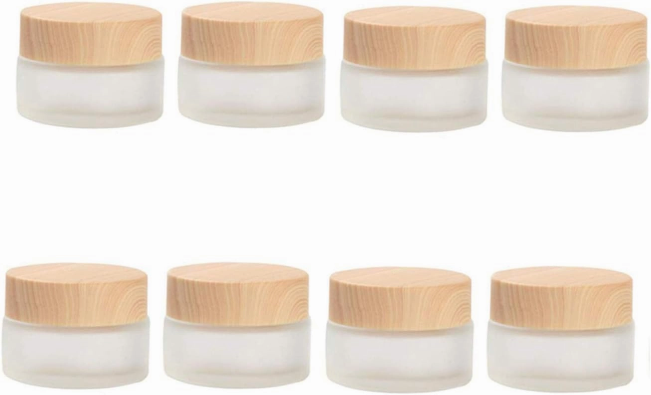 8 Pack 50 Gram/50 ml Round Empty Jars Frosted Glass Bottle Cosmetic Cream Jar Wood Grain Lid Cosmetic Container Glass Cream Box Refillable Lotion Cream Pot Jars for Makeup Lip Balm Eyeshadow