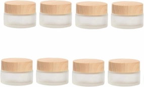 8 Pack 50 Gram/50 ml Round Empty Jars Frosted Glass Bottle Cosmetic Cream Jar Wood Grain Lid Cosmetic Container Glass Cream Box Refillable Lotion Cream Pot Jars for Makeup Lip Balm Eyeshadow