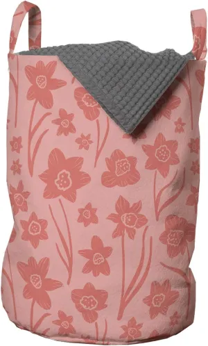 Ambesonne Floral Laundry Bag, Rhythmic Romantic Simplistic Flowers Pointy Petals Bicolored Illustration Print, Hamper Basket with Handles Drawstring Closure for Laundromats, 13" x 19", Blush and Coral