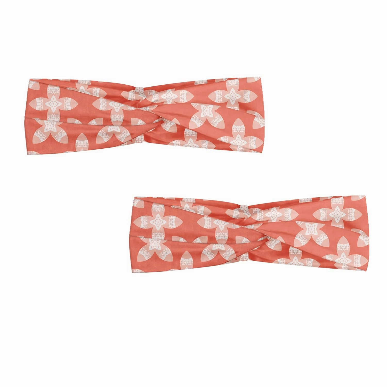 Ambesonne Abstract Headband Set of 2, Repetitive 4 Leaf Flower Shapes in Summer Pastel Tones Blossoms Print, Knotted Elastic Hair Band Accessory for Women Everyday Use, M-L, Coral Blush and White