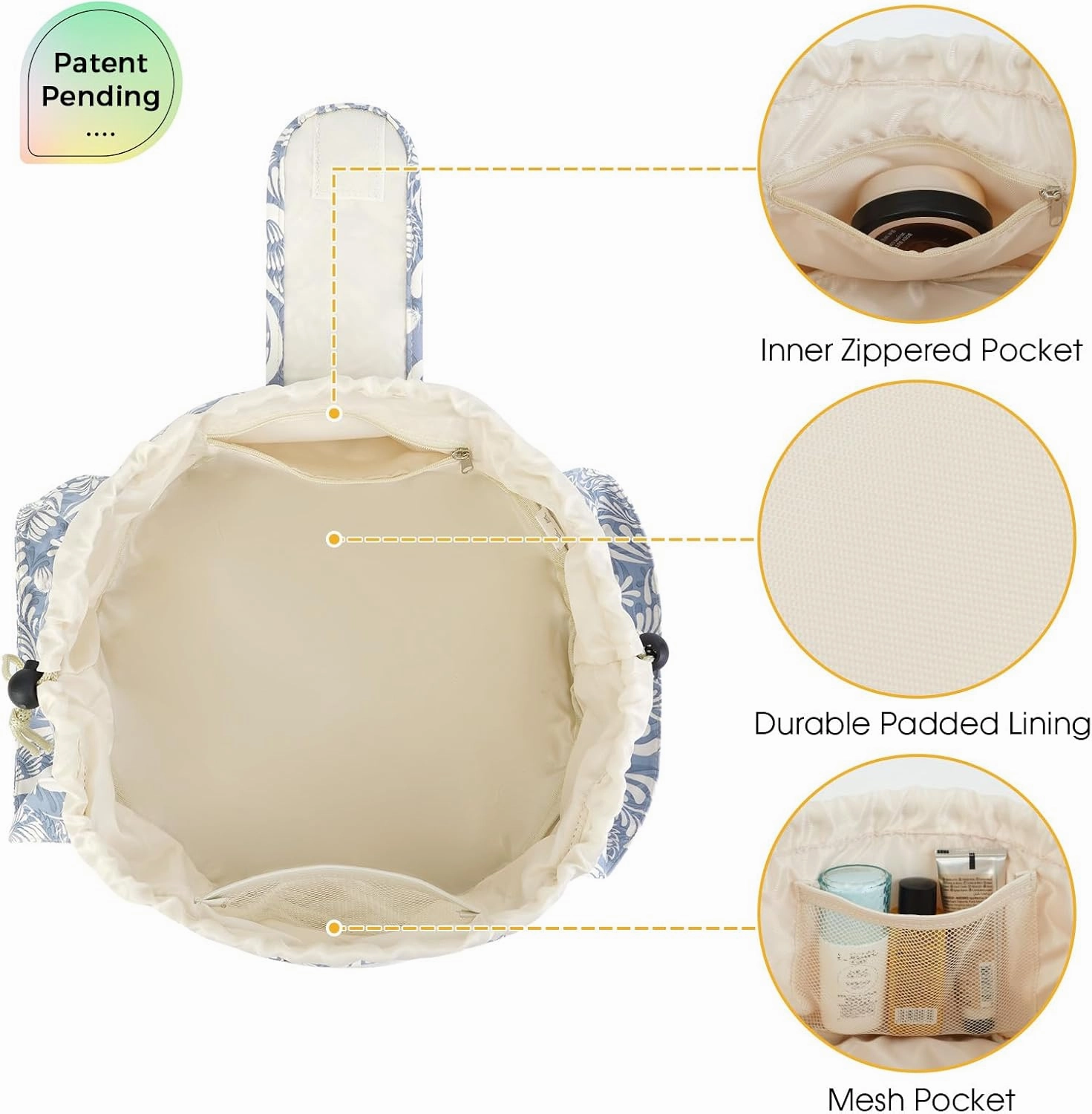 Barrel Drawstring Makeup Bag Large Cosmetic Bag Make up Bags Toiletry Organizer for Women (Blue Leaf) (Patent)