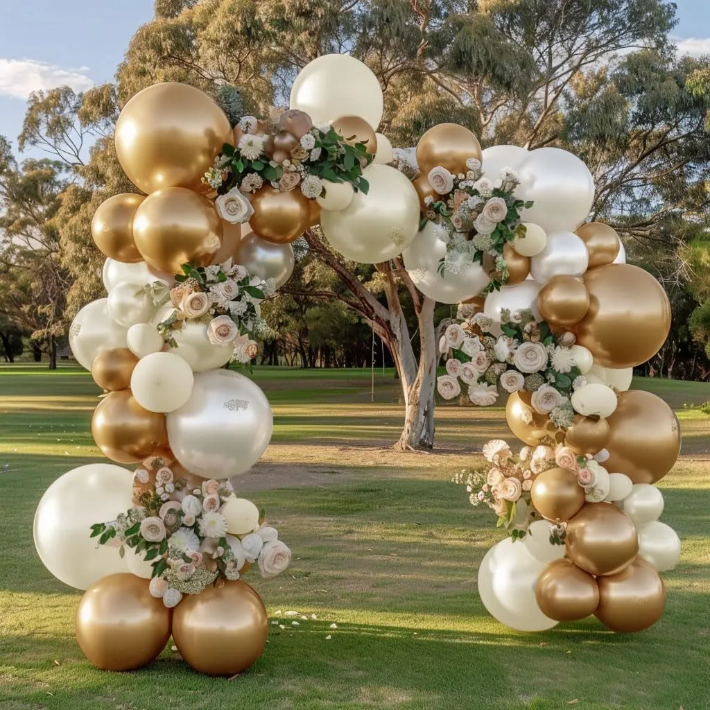 Beige Gold Balloons - Double Stuffed Sand White Balloon Garland Pearl White Cream Balloons Metallic Gold Balloon Arch Kit for Wedding Baby Shower Bridal Shower Birthday Anniversary Boho Decoration