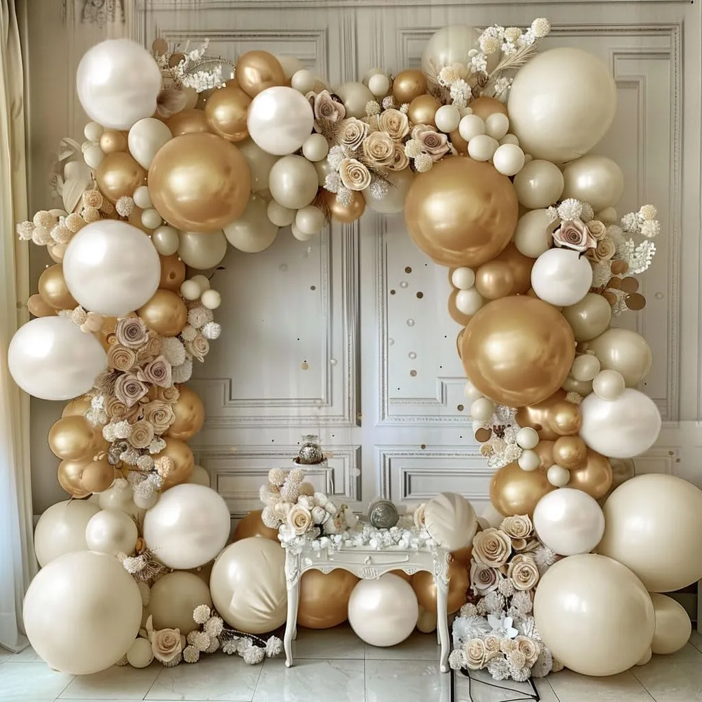 Beige Gold Balloons - Double Stuffed Sand White Balloon Garland Pearl White Cream Balloons Metallic Gold Balloon Arch Kit for Wedding Baby Shower Bridal Shower Birthday Anniversary Boho Decoration