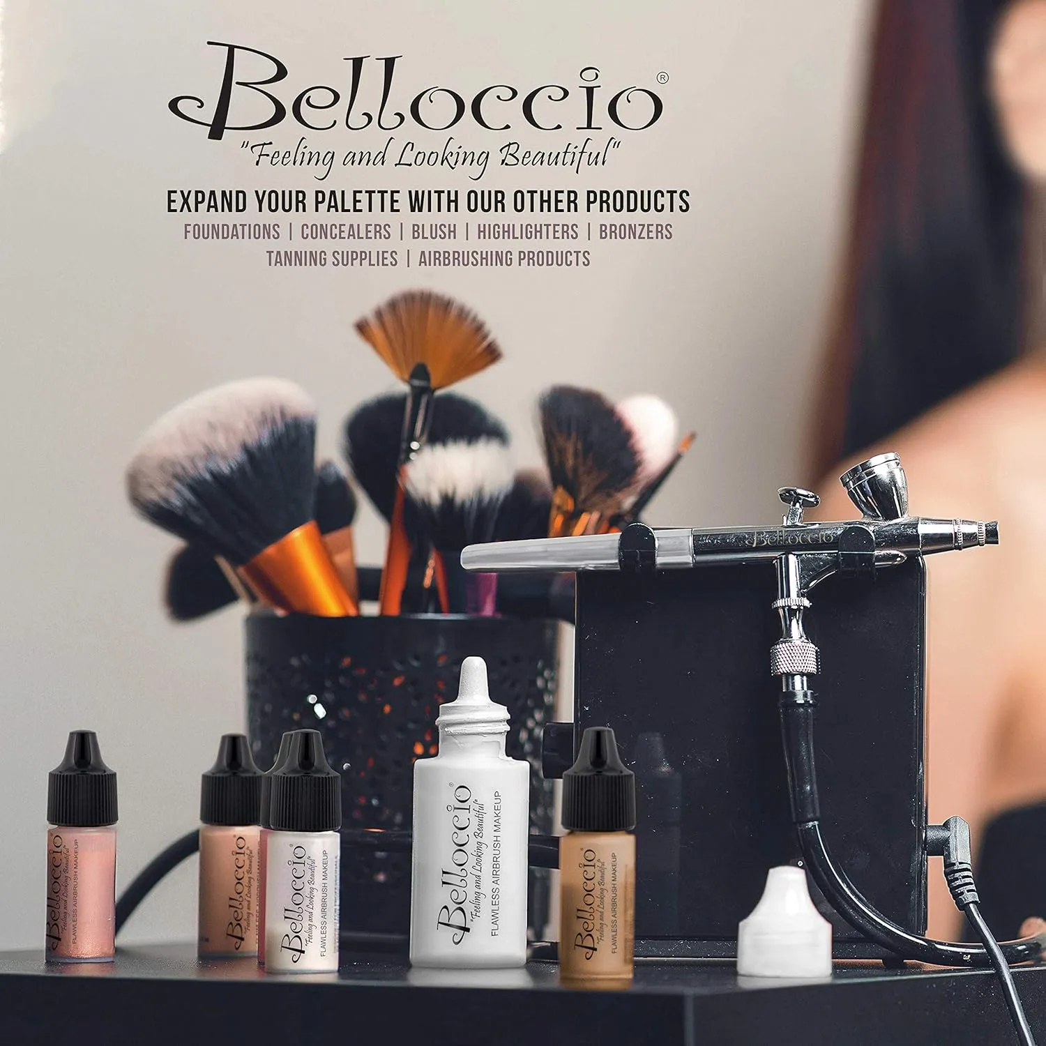 Belloccio Airbrush Cosmetic Makeup System with a MASTER SET of All 17 Foundation Shades plus Blush, Shimmer and Bronzer All in 1/2 oz bottles