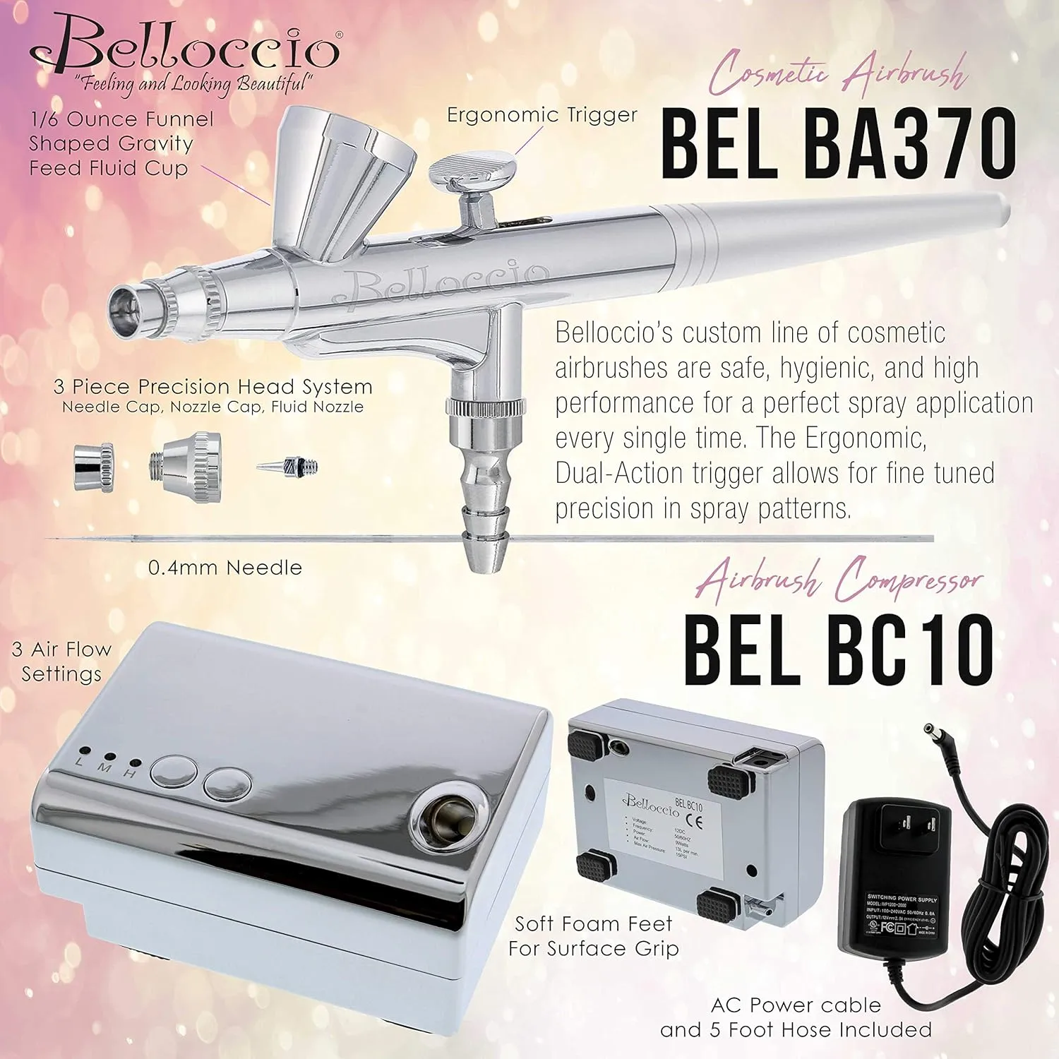 Belloccio Professional Beauty Airbrush Cosmetic Makeup System with 4 Tan Shades of Foundation in 1/4 Ounce Bottles - Kit Includes Blush, Bronzer and Highlighter and 3 Bonus Items and a Video Link