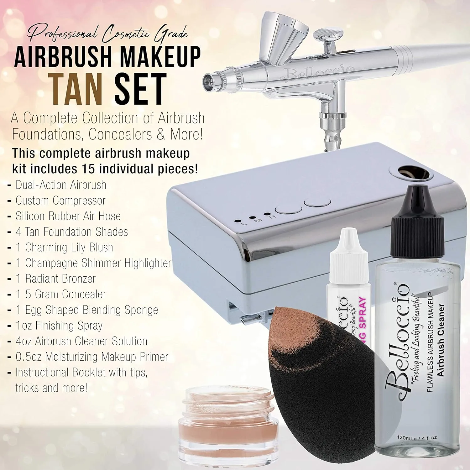 Belloccio Professional Beauty Airbrush Cosmetic Makeup System with 4 Tan Shades of Foundation in 1/4 Ounce Bottles - Kit Includes Blush, Bronzer and Highlighter and 3 Bonus Items and a Video Link