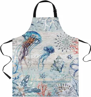 Blue Jellyfish Waterproof Apron With Pockets,Coastal Ocean Starfish Coral Shell Retro Wooden Kitchen Chefs Bib Cooking BBQ Grill Bake Adjustable Aprons for Women Garden Grooming Painting Gardening