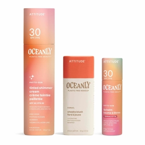Bundle of ATTITUDE Oceanly Tinted Shimmer Face Cream Stick with SPF 30, EWG Verified, Universal Tint, 1 Oz   Lightweight Blush Stick, Corail, 0.3 Oz   Tinted Lip Balm with SPF 30, Terracotta, 0.3 Oz