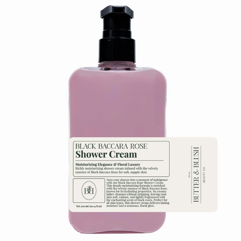 Butter & Blush Beauty Co. Black Baccara Rose Shower Cream, Moisturizing Body Wash with Olive Oil, Floral Luxury Bath Cleanser