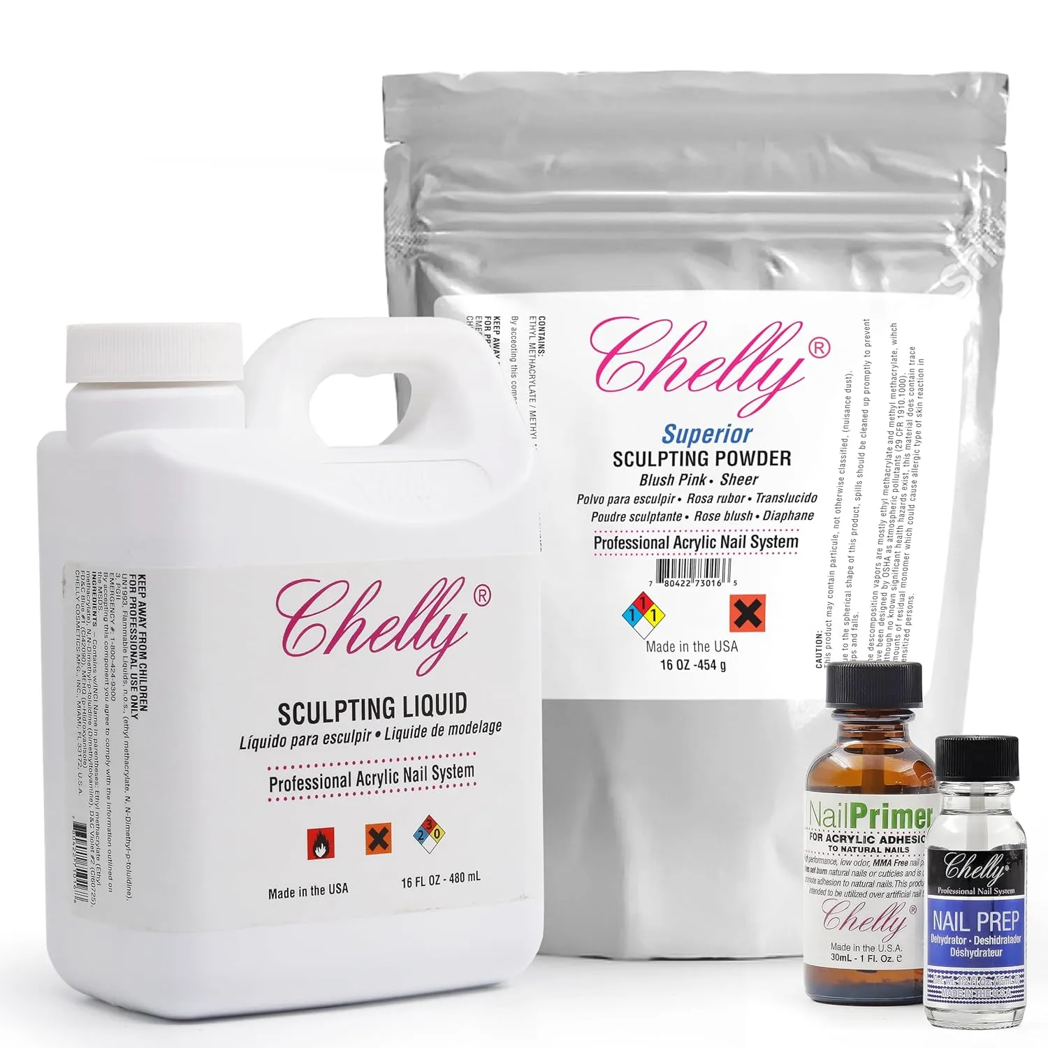 Chelly Superior VALUE PACK Sculpting Powder Professional Acrylic Nail System 16 oz   Acrylic Liquid monomer 16oz   Acid-Free Primer XTRABOND for Acrylic & UV Gels 1 oz 30ml Nail (Blush Pink)