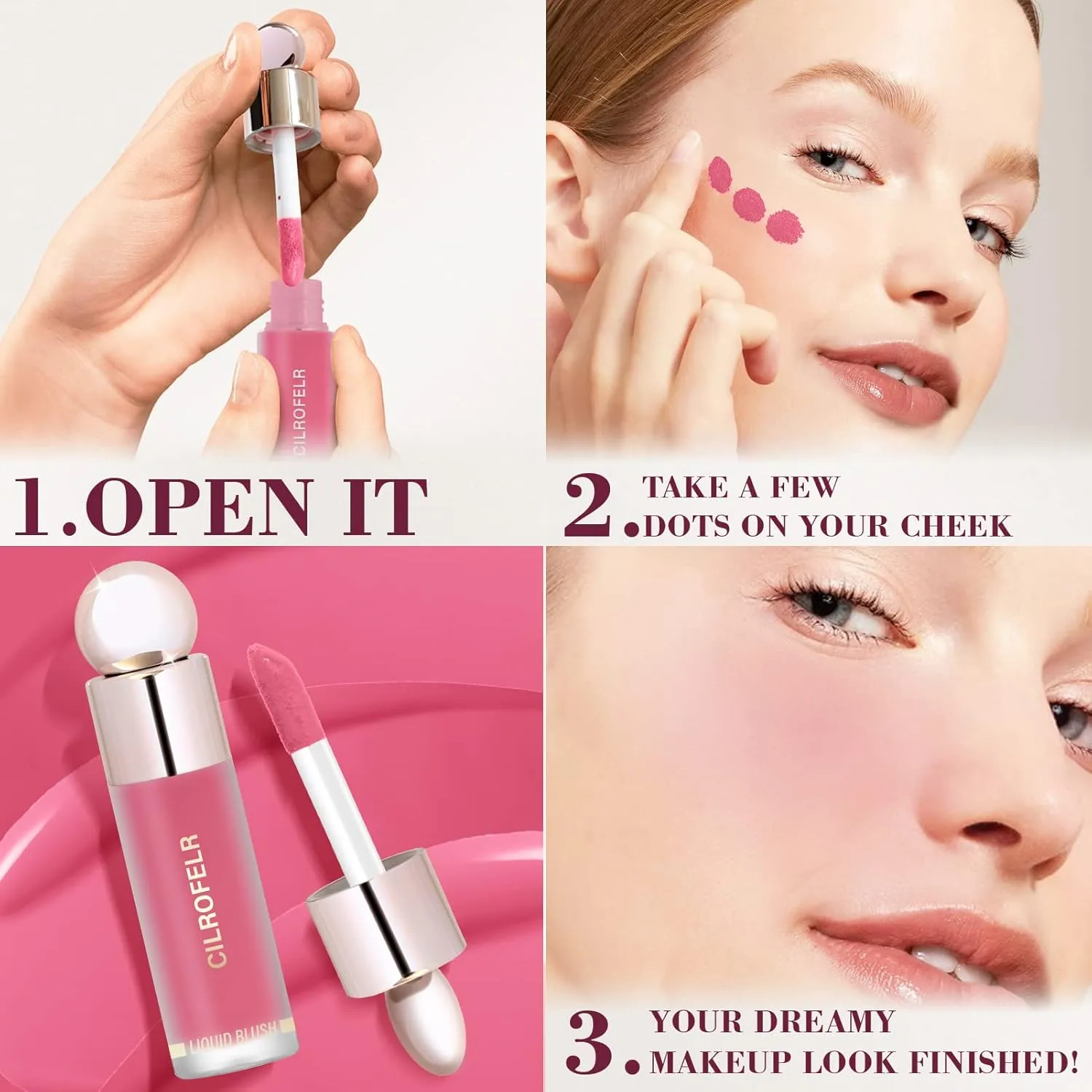 Cilrofelr Dewy Liquid Blush, Soft Cream Liquid Blush for Cheek, Buildable & Blendable Pigment, Lightweight & Smooth Texture, Longwear Formula for a Soft, Natural Flush (03 Coral Red)