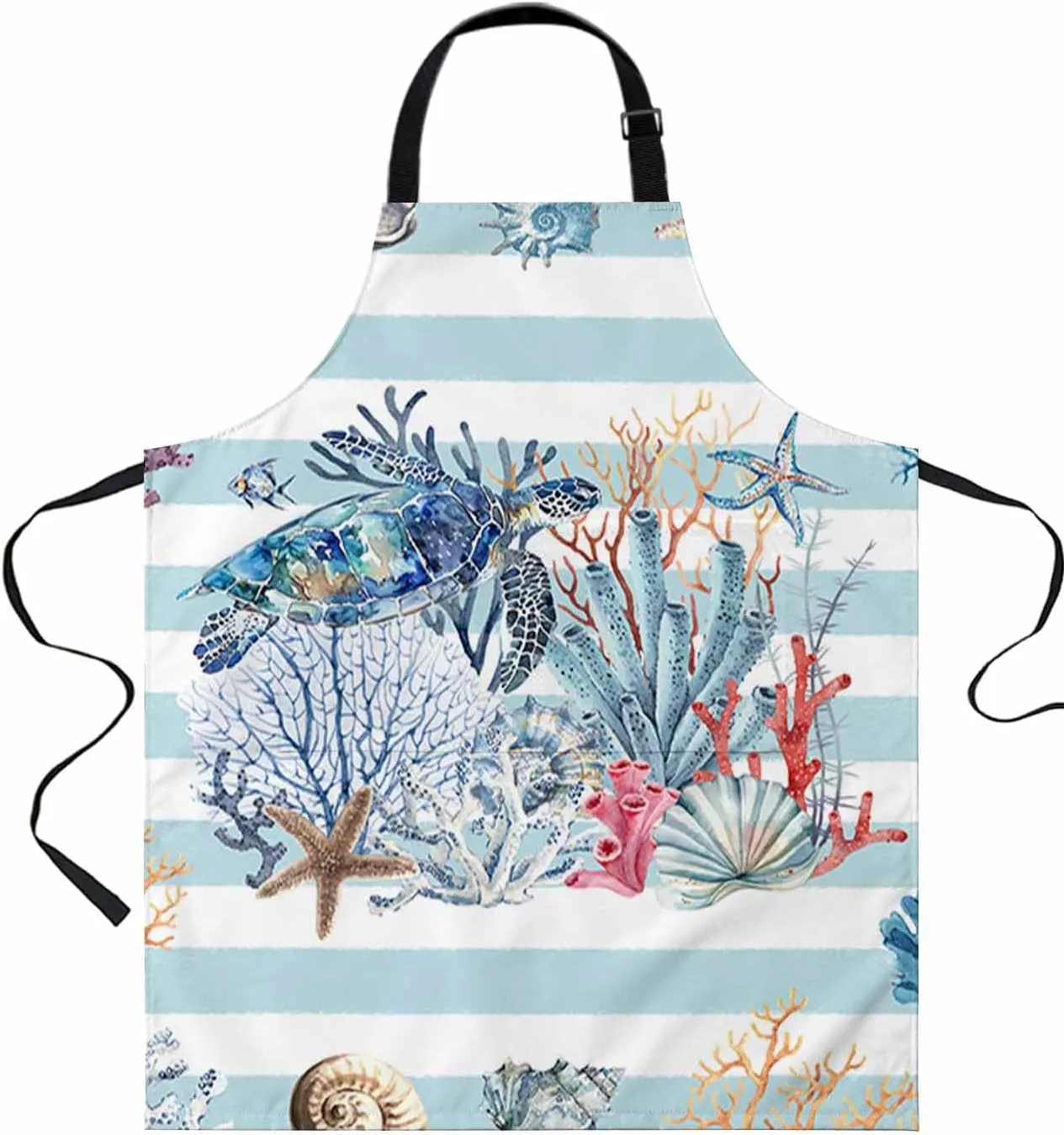 Coastal Turtle Waterproof Apron With Pockets,Nautical Striped Coral Starfish Shell Conch Blue Kitchen Chefs Bib Cooking BBQ Grill Bake Adjustable Aprons for Women Garden Grooming Painting Gardening