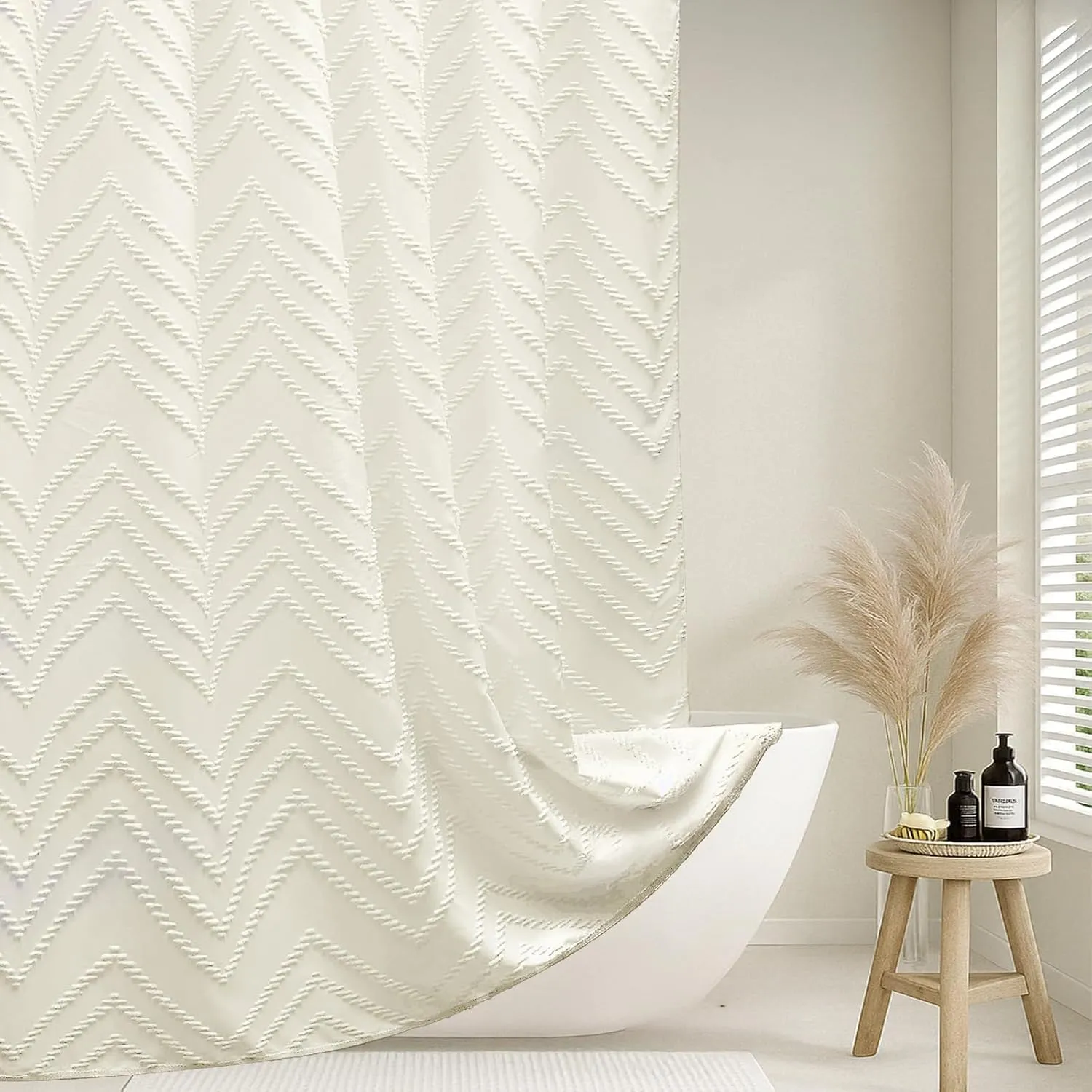 Cream Shower Curtain Boho Farmhouse Shower Curtain 72 x 72 Tufted Chevron Textured Minimalist Shower Curtains for Bathroom