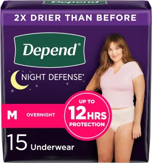 Depend Night Defense Adult Incontinence & Postpartum Bladder Leak Underwear for Women, Disposable, Overnight, Medium, Blush, 15 Count, Packaging May Vary