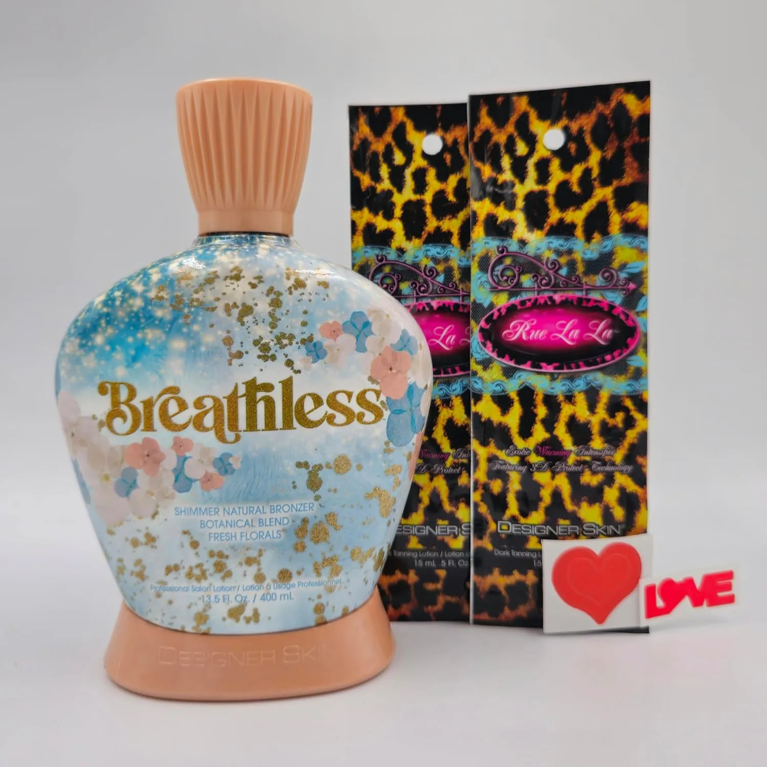 Designer Skin Breathless Shimmer Natural Bronzer Tanning Lotion 13.5 fl oz with 2 packets of Rue La La and Body Stickers
