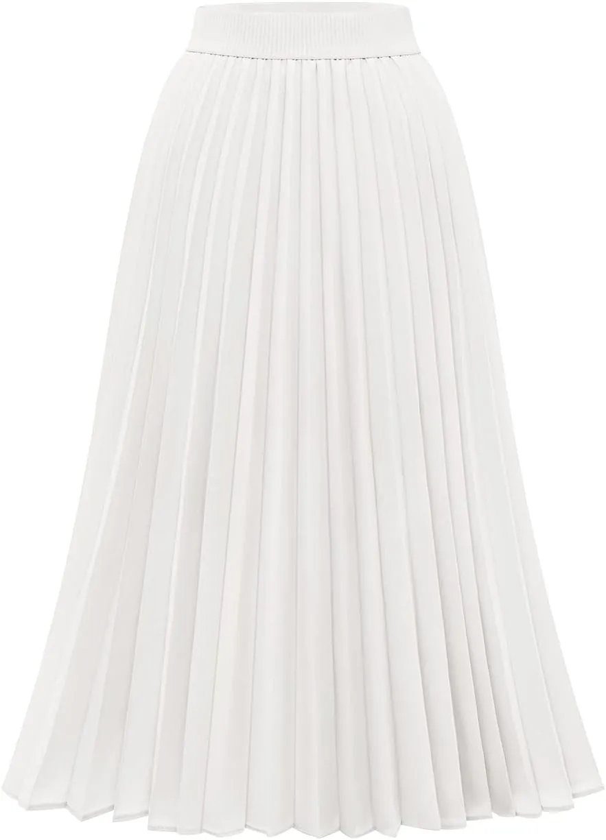DRESSTELLS Pleated Midi Skirts for Women, Aline Long High Elastic Waisted Summer Flowy Chiffon Swing Skirt