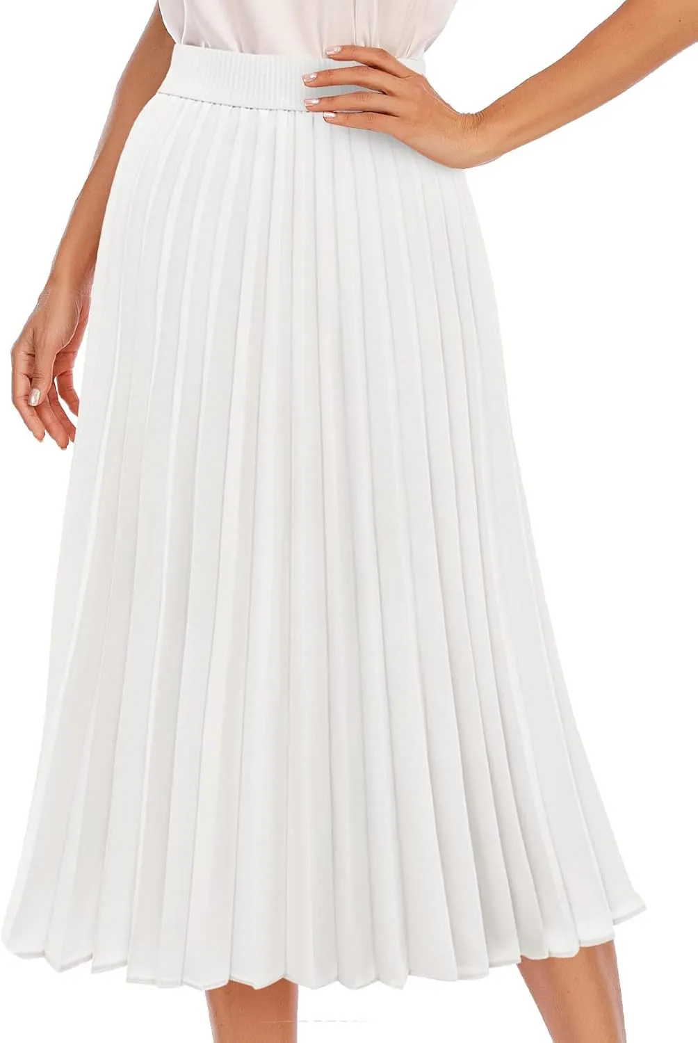 DRESSTELLS Pleated Midi Skirts for Women, Aline Long High Elastic Waisted Summer Flowy Chiffon Swing Skirt
