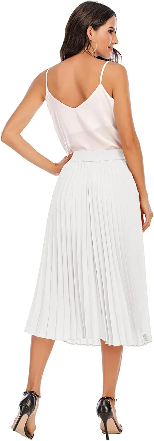 DRESSTELLS Pleated Midi Skirts for Women, Aline Long High Elastic Waisted Summer Flowy Chiffon Swing Skirt