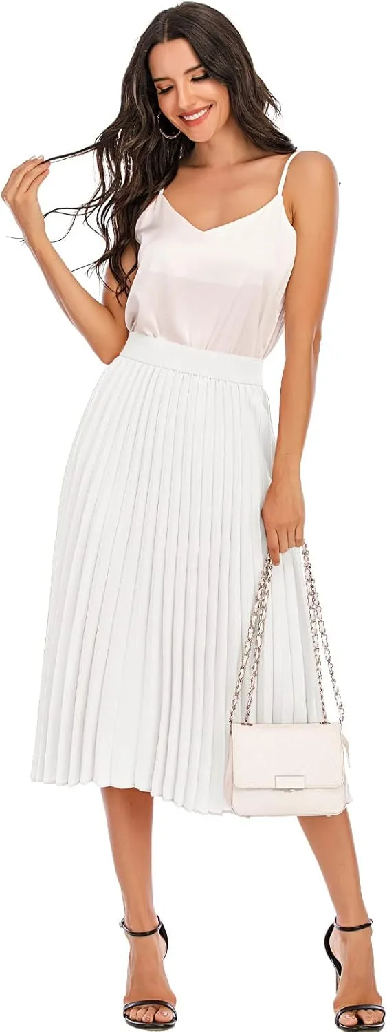 DRESSTELLS Pleated Midi Skirts for Women, Aline Long High Elastic Waisted Summer Flowy Chiffon Swing Skirt