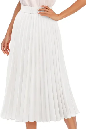 DRESSTELLS Pleated Midi Skirts for Women, Aline Long High Elastic Waisted Summer Flowy Chiffon Swing Skirt