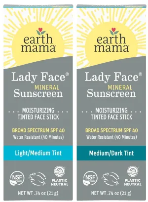 Earth Mama Lady Face® Tinted Mineral Sunscreen Stick SPF 40 Set |Contains Certified Organic Shea and Coca Butter | Foundation   Concealer   Contour, Blends with Most Skin Tones, 2-Pack