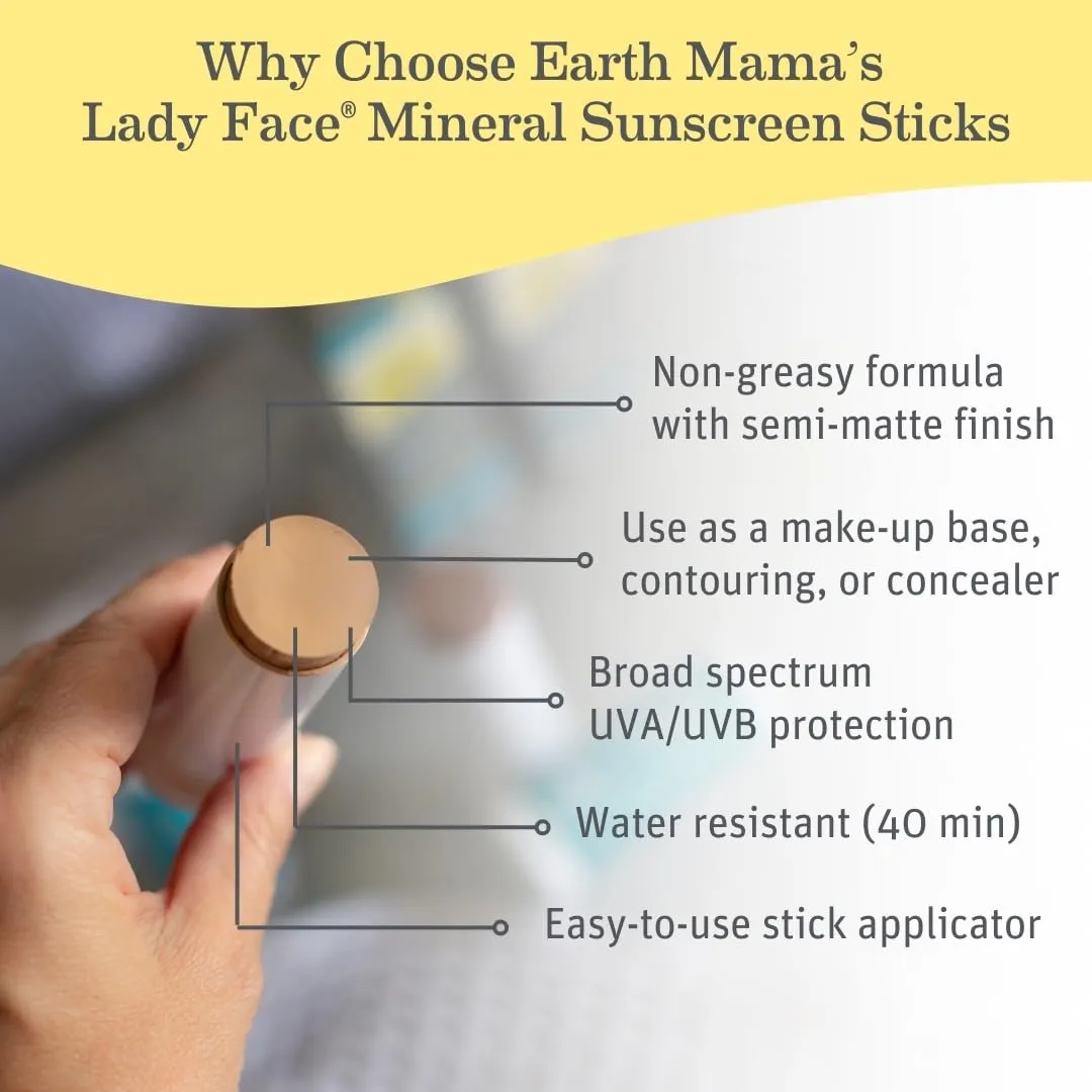 Earth Mama Lady Face® Tinted Mineral Sunscreen Stick SPF 40 Set |Contains Certified Organic Shea and Coca Butter | Foundation   Concealer   Contour, Blends with Most Skin Tones, 2-Pack