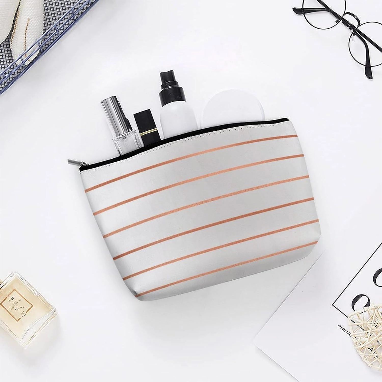 Elegant Makeup Bag, Silver Rose Gold Blush Copper Stripes Cosmetic Bag Large Capacity Pouch Portable Organizer for Men & Women