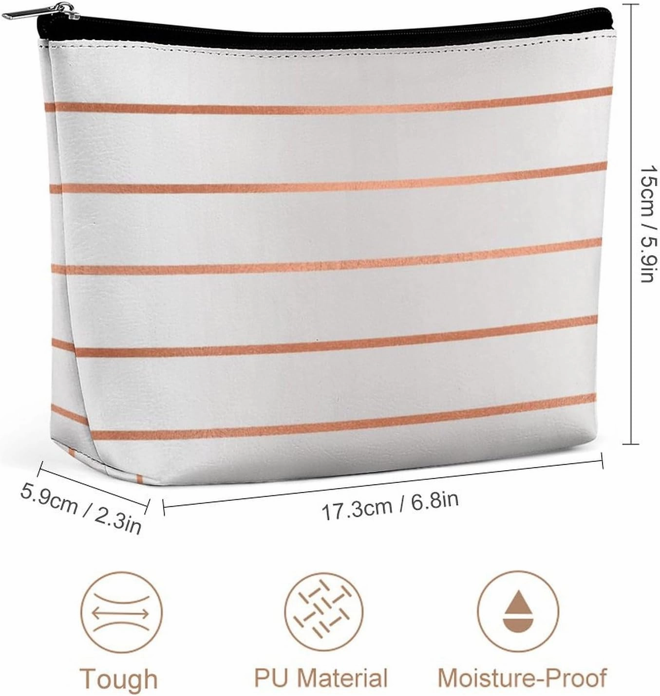 Elegant Makeup Bag, Silver Rose Gold Blush Copper Stripes Cosmetic Bag Large Capacity Pouch Portable Organizer for Men & Women