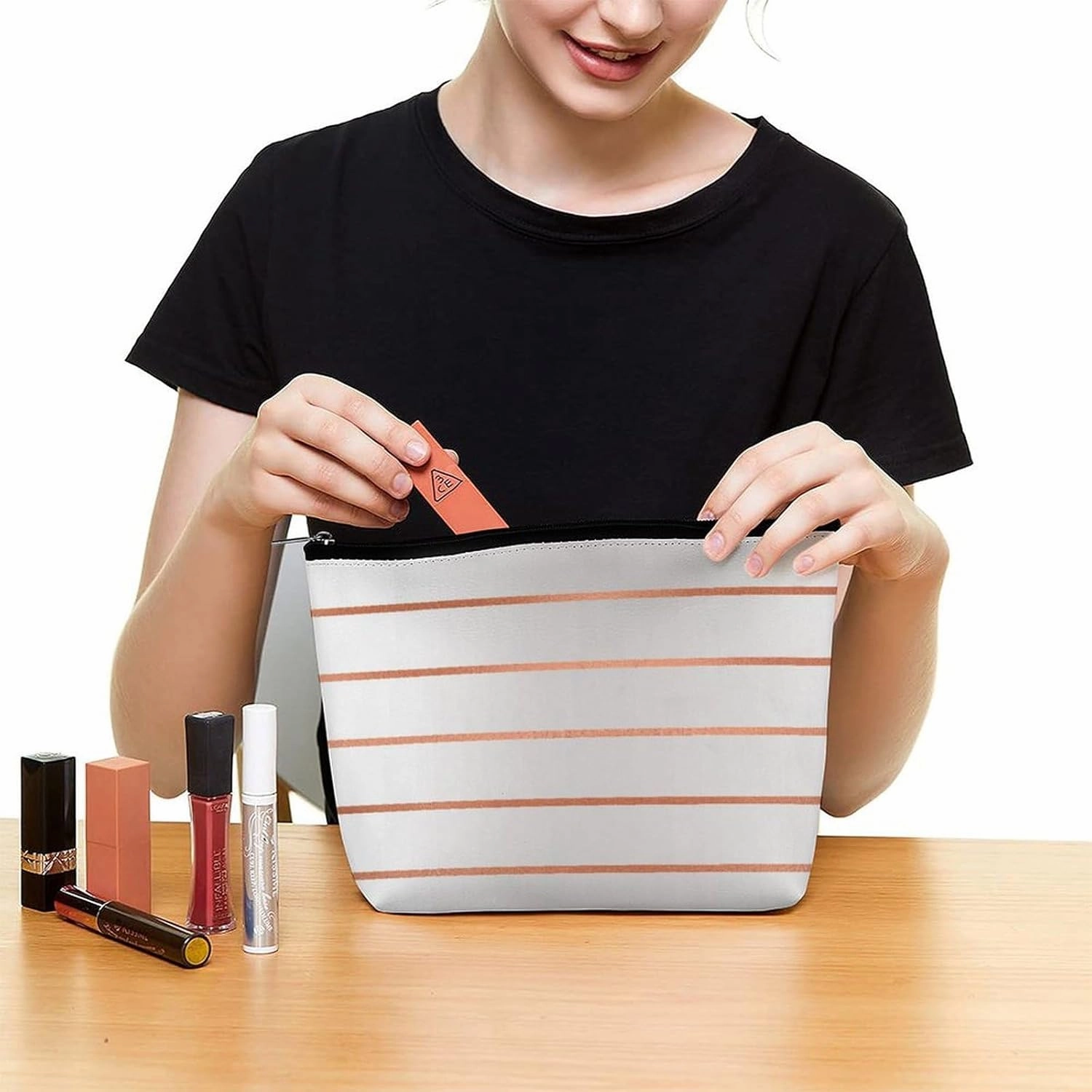 Elegant Makeup Bag, Silver Rose Gold Blush Copper Stripes Cosmetic Bag Large Capacity Pouch Portable Organizer for Men & Women