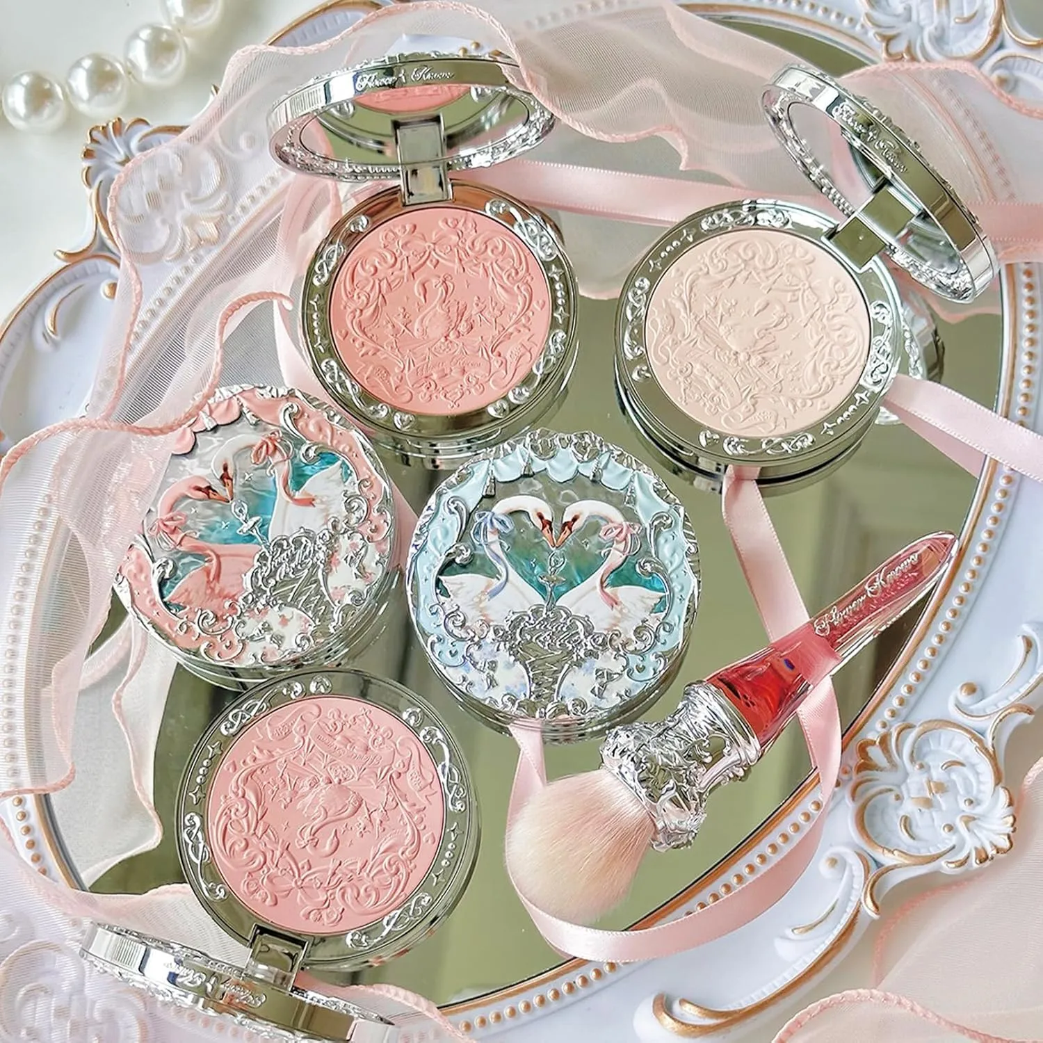 Flower Knows Swan Ballet Embossed Blush,Coral Matte Finish,Buildable & Blendable Powder Blush for cheeks,Natural Flush for All Skin Tones(04 Pleuche,5g)