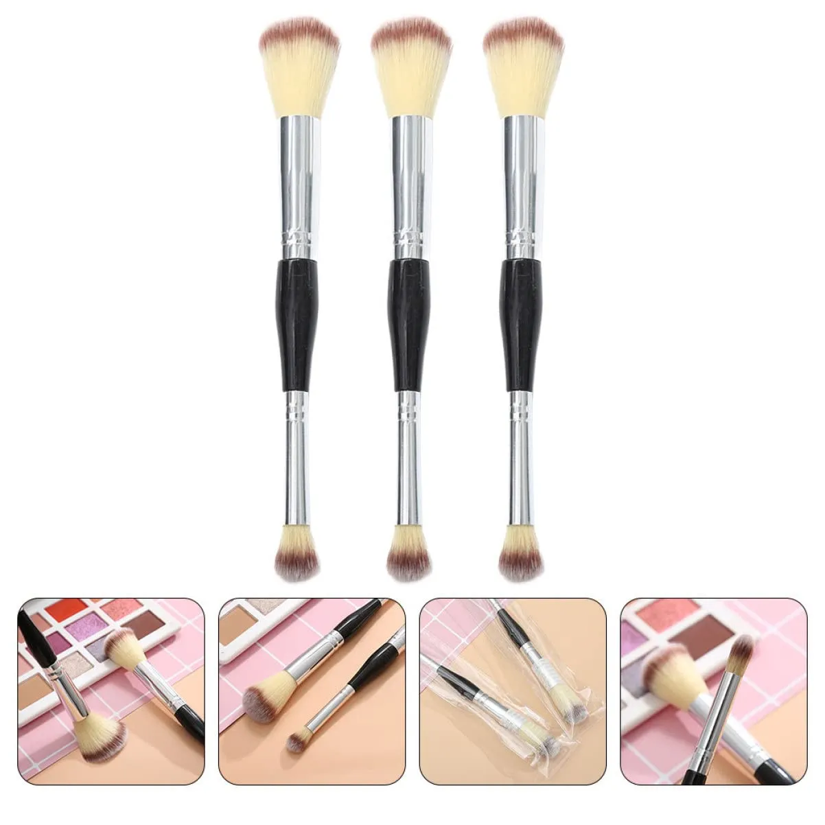 FRCOLOR 9pcs Dual Ended Brush Premium Synthetic Blush and Makeup Tool for Women Soft Dense No Shedding Easy to Clean for Blending and Highlighting