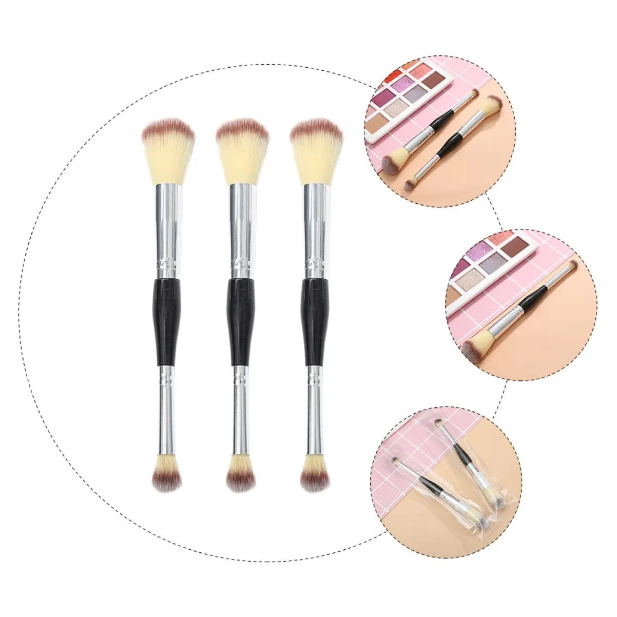FRCOLOR 9pcs Dual Ended Brush Premium Synthetic Blush and Makeup Tool for Women Soft Dense No Shedding Easy to Clean for Blending and Highlighting