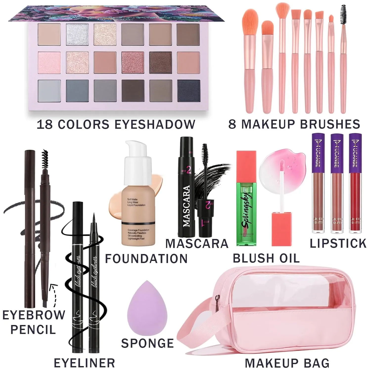 Full Makeup Kit for Women, 18 Color Eyeshadow, 3 Color Lipstick, Blush Oil, Mascara, Liquid Eyeliner, Eyebrow Pencil, Foundation, Sponge, Makeup Bag and 8pcs Makeup Brush