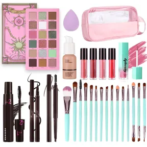 Full Makeup Kit for Women, 18 Color Eyeshadow, Highlighter, Lipstick, Liquid Blush, Mascara, Liquid Eyeliner, Eyebrow Pencil, Foundation, Sponge,Makeup Bag and 15pcs Makeup Brush