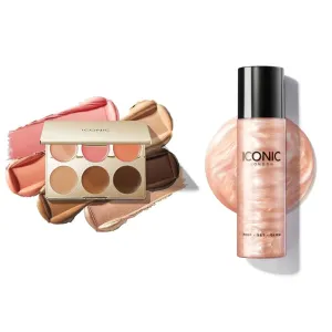 ICONIC LONDON Multi Use Cream Blush, Bronze, and Highlight Palette and Prep-Set-Glow (Original) Bundle | Contour, Conceal, Highlight Palette with Hydrating and Glowing Setting Spray