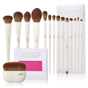 Jessup 14Pcs Premium Synthetic Makeup Brush Set T329 with Foundation Brush Flat Top for Face Blush Liquid Powder Foundation SF002