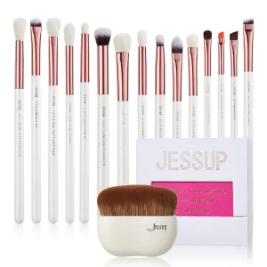 Jessup Eye Makeup Brush Set Professional 15pcs White/Rose Gold T217 with Foundation Brush Flat Top Kabuki Brush for Face Blush Liquid Powder SF002