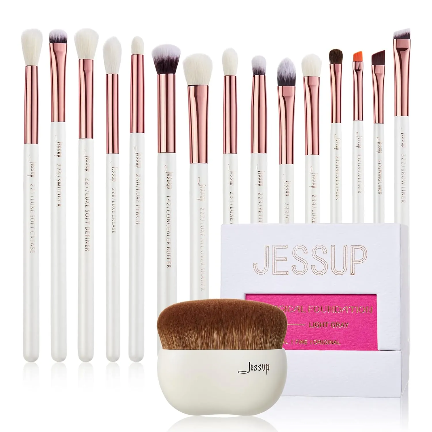 Jessup Eye Makeup Brush Set Professional 15pcs White/Rose Gold T217 with Foundation Brush Flat Top Kabuki Brush for Face Blush Liquid Powder SF002