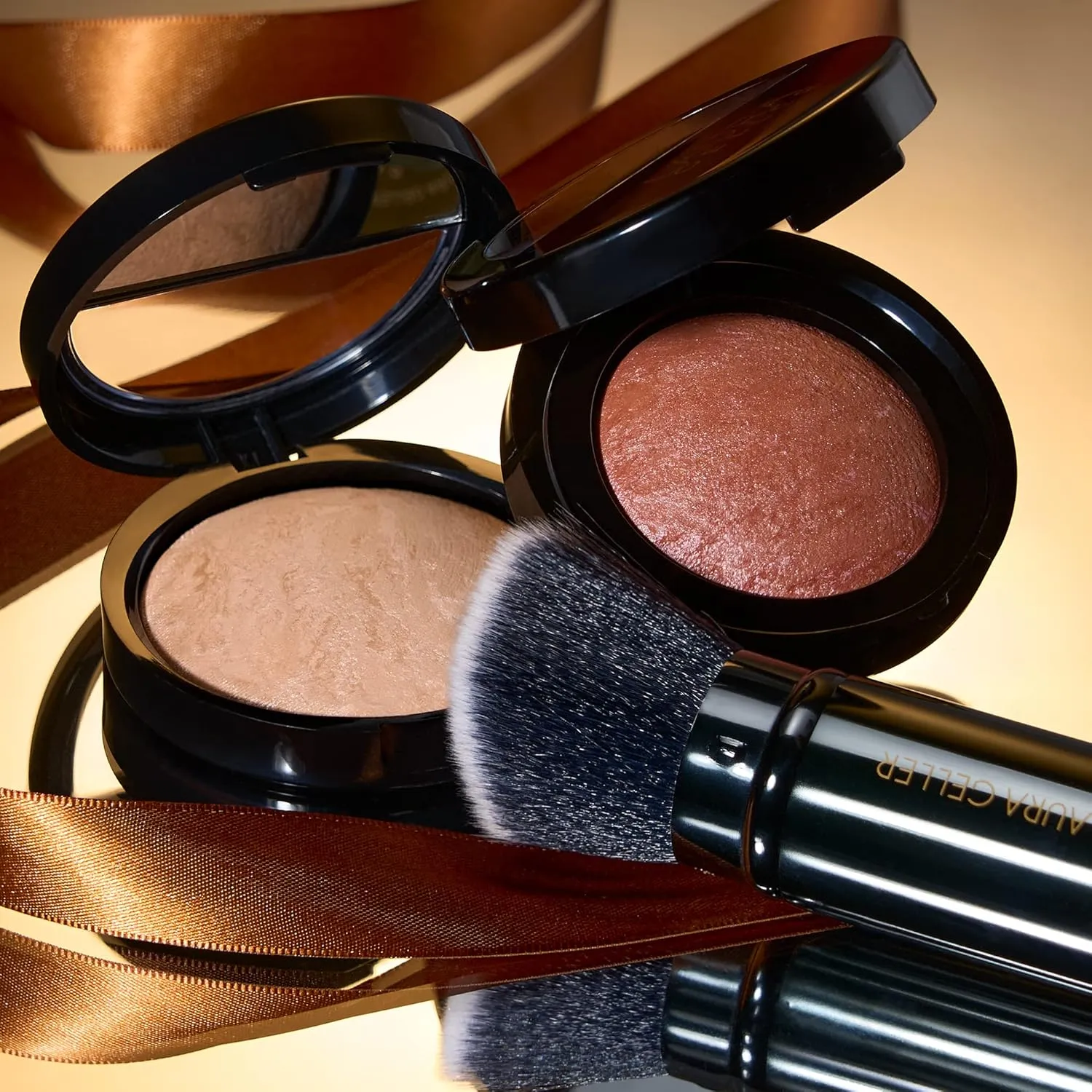 LAURA GELLER NEW YORK Baked Balance-N-Glow Illuminating Powder Foundation, Medium   Retractable Kabuki Brush   Baked Blush-N-Brighten, Pink Grapefruit