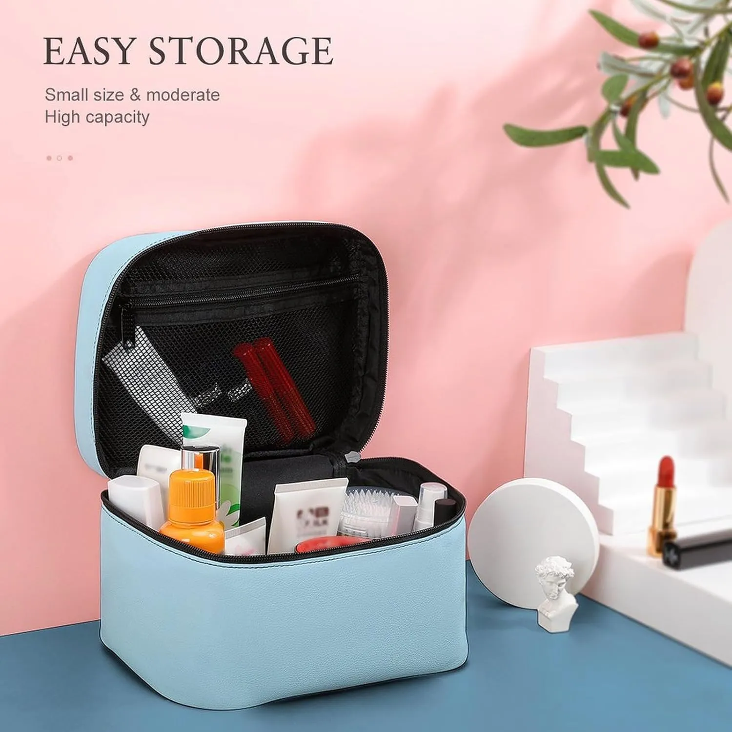 Leather Cosmetic Case, Aqua Ombre Portable Makeup Bag Organizer Large Capacity Travel Toiletry Bag with Zipper