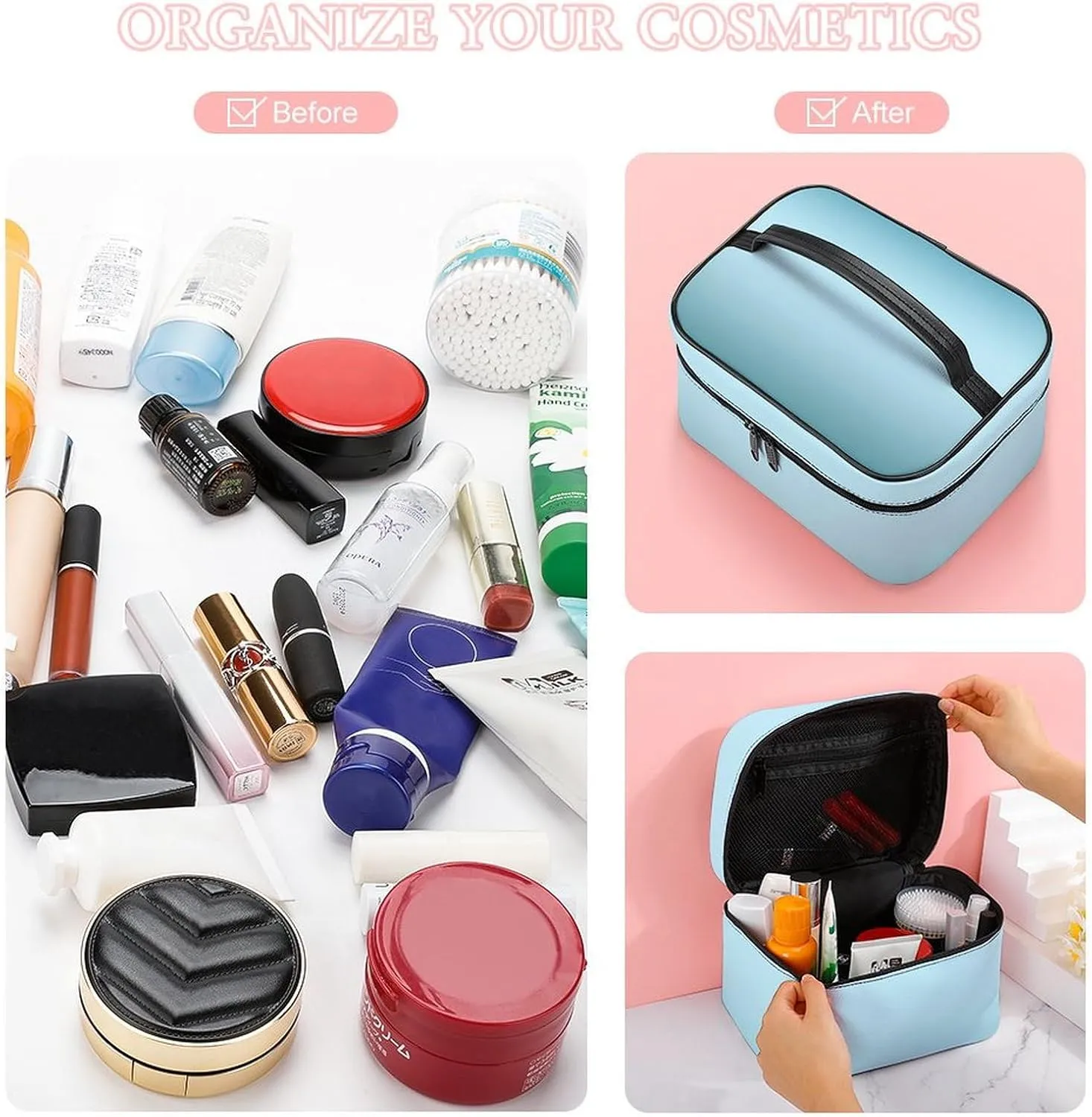 Leather Cosmetic Case, Aqua Ombre Portable Makeup Bag Organizer Large Capacity Travel Toiletry Bag with Zipper