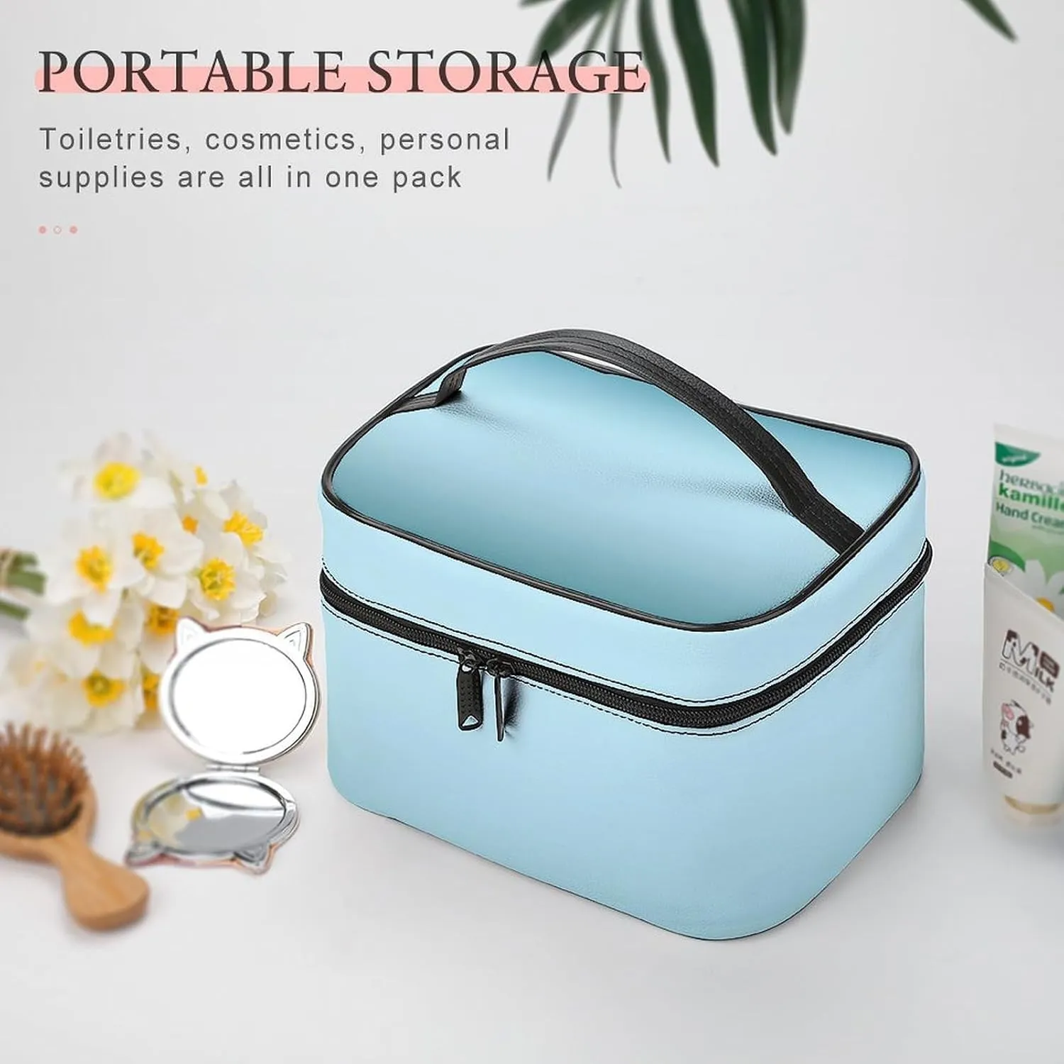 Leather Cosmetic Case, Aqua Ombre Portable Makeup Bag Organizer Large Capacity Travel Toiletry Bag with Zipper