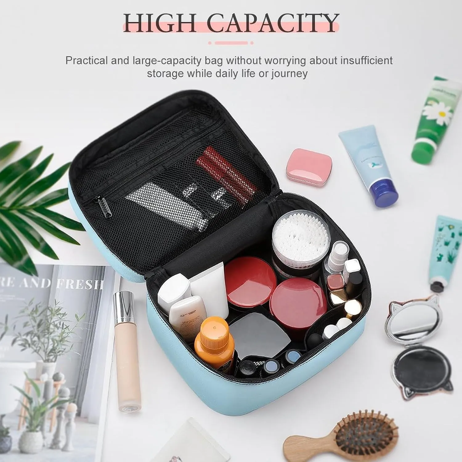 Leather Cosmetic Case, Aqua Ombre Portable Makeup Bag Organizer Large Capacity Travel Toiletry Bag with Zipper